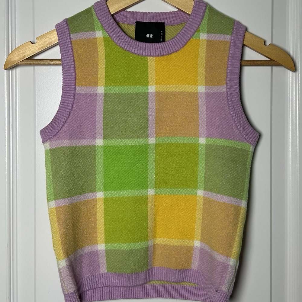 Lazy Oaf Lavender Green Yellow Checkered Print Golden Years Knit Sleeveless Top